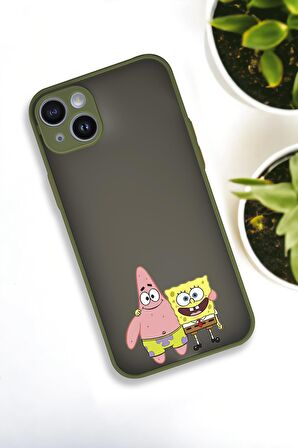 iPhone 13 Uyumlu Sünger Bob ve Patrick Star Desenli Buzlu Şeffaf Lüx Telefon Kılıfı