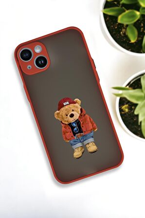 iPhone 13 Uyumlu Teddy Bear Desenli Buzlu Şeffaf Lüx Telefon Kılıfı