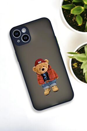 iPhone 13 Uyumlu Teddy Bear Desenli Buzlu Şeffaf Lüx Telefon Kılıfı