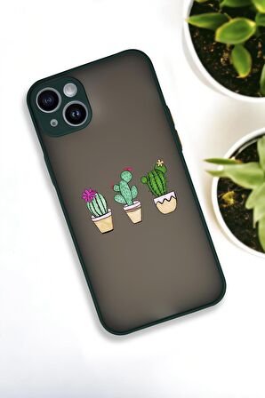 iPhone 13 Uyumlu Üçlü Kaktüs Desenli Buzlu Şeffaf Lüx Telefon Kılıfı