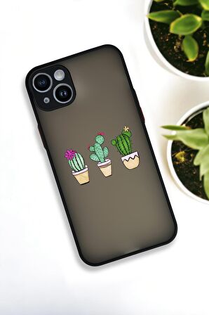iPhone 13 Uyumlu Üçlü Kaktüs Desenli Buzlu Şeffaf Lüx Telefon Kılıfı