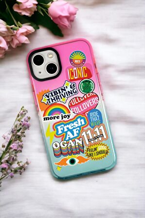 iPhone 14 Plus Uyumlu Fresh Desenli Premium Rainbow Silikonlu Telefon Kılıfı