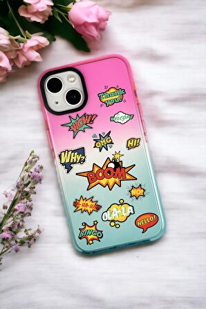 iPhone 14 Plus Uyumlu Stickers Desenli Premium Rainbow Silikonlu Telefon Kılıfı