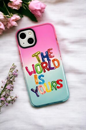 iPhone 14 Plus Uyumlu The World Desenli Premium Rainbow Silikonlu Telefon Kılıfı