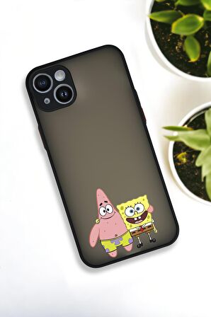 iPhone 14 Plus Uyumlu Sünger Bob ve Patrick Star Desenli Buzlu Şeffaf Lüx Telefon Kılıfı