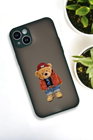 iPhone 14 Plus Uyumlu Teddy Bear Desenli Buzlu Şeffaf Lüx Telefon Kılıfı