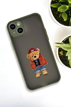 iPhone 14 Plus Uyumlu Teddy Bear Desenli Buzlu Şeffaf Lüx Telefon Kılıfı