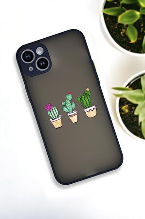 iPhone 14 Plus Uyumlu Üçlü Kaktüs Desenli Buzlu Şeffaf Lüx Telefon Kılıfı