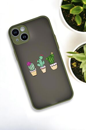 iPhone 14 Plus Uyumlu Üçlü Kaktüs Desenli Buzlu Şeffaf Lüx Telefon Kılıfı