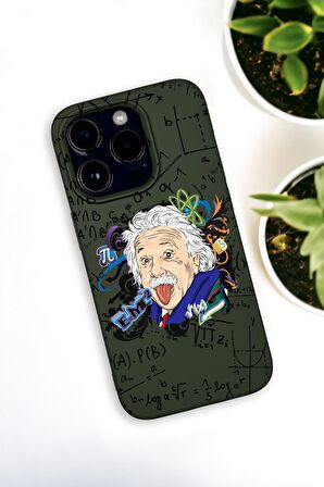iPhone 14 Pro Max Uyumlu Einstein Desenli Premium Silikonlu Haki Lansman Telefon Kılıfı