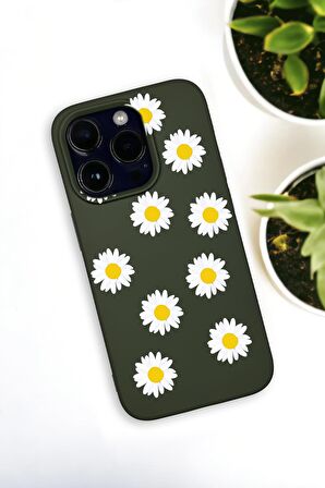 iPhone 14 Pro Max Uyumlu Bahar Papatyalarır Desenli Premium Silikonlu Haki Lansman Telefon Kılıfı