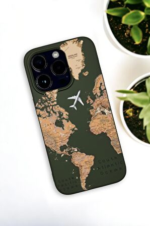 iPhone 14 Pro Max Uyumlu Dünya Harita Desenli Premium Silikonlu Haki Lansman Telefon Kılıfı