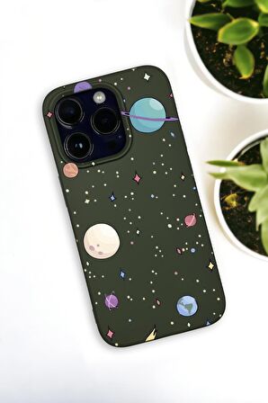 iPhone 14 Pro Max Uyumlu Gezegenler Desenli Premium Silikonlu Haki Lansman Telefon Kılıfı