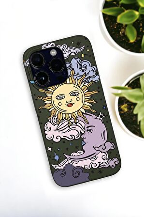 iPhone 14 Pro Max Uyumlu Güneş Ay Desenli Premium Silikonlu Haki Lansman Telefon Kılıfı