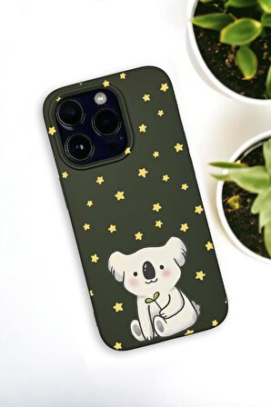 iPhone 14 Pro Max Uyumlu Koala Desenli Premium Silikonlu Haki Lansman Telefon Kılıfı