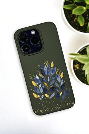 iPhone 14 Pro Max Uyumlu Mavi Yaprak Desenli Premium Silikonlu Haki Lansman Telefon Kılıfı