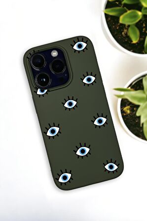 iPhone 14 Pro Max Uyumlu Nazar Gözler Desenli Premium Silikonlu Haki Lansman Telefon Kılıfı