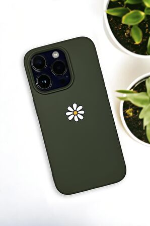 iPhone 14 Pro Max Uyumlu Papatya Desenli Premium Silikonlu Haki Lansman Telefon Kılıfı