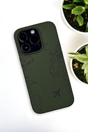 iPhone 14 Pro Max Uyumlu World Map Lines Desenli Premium Silikonlu Haki Lansman Telefon Kılıfı