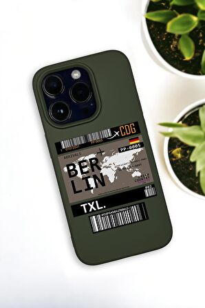 iPhone 14 Pro Uyumlu Berlin Ticket Desenli Premium Silikonlu Haki Lansman Telefon Kılıfı