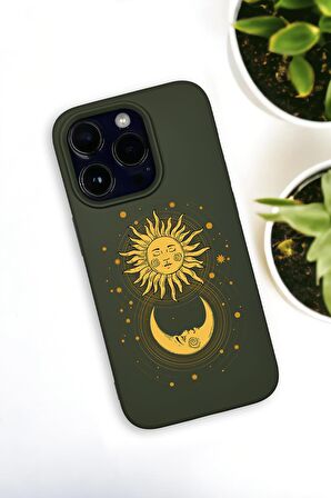 iPhone 14 Pro Uyumlu Moon and Sun Desenli Premium Silikonlu Haki Lansman Telefon Kılıfı