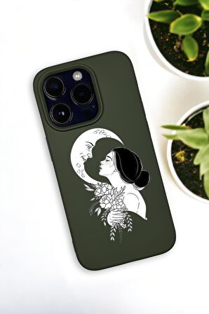 iPhone 14 Pro Uyumlu Moon and Women Desenli Premium Silikonlu Haki Lansman Telefon Kılıfı