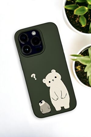 iPhone 14 Pro Uyumlu Penguen ve Ayıcık Desenli Premium Silikonlu Haki Lansman Telefon Kılıfı