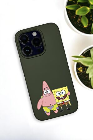 iPhone 14 Pro Uyumlu Sünger Bob ve Patrick Star Desenli Premium Silikonlu Haki Lansman Telefon Kılıfı
