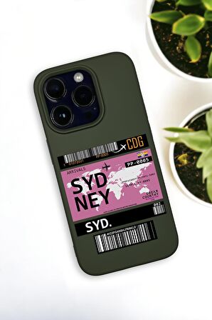 iPhone 14 Pro Uyumlu Sydney Ticket Desenli Premium Silikonlu Haki Lansman Telefon Kılıfı