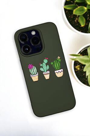 iPhone 14 Pro Uyumlu Üçlü Kaktüs Desenli Premium Silikonlu Haki Lansman Telefon Kılıfı