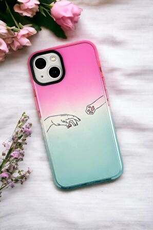 iPhone 15 Plus Uyumlu Hand and Paw Desenli Premium Rainbow Silikonlu Telefon Kılıfı