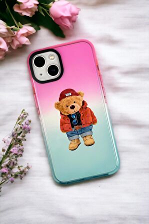 iPhone 15 Plus Uyumlu Teddy Bear Desenli Premium Rainbow Silikonlu Telefon Kılıfı