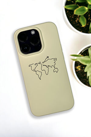iPhone 14 Pro Max Uyumlu Dünya Harita Rotalı Desenli Premium Silikonlu Krem Lansman Telefon Kılıfı