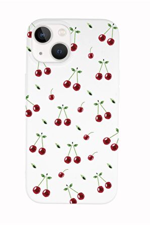 iPhone 14 Uyumlu Kiraz Desenli Premium Silikonlu Telefon Kılıfı