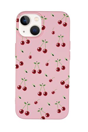 iPhone 14 Plus Uyumlu Kiraz Desenli Premium Silikonlu Telefon Kılıfı