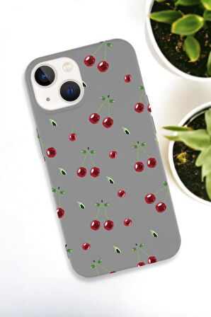iPhone 15 Uyumlu Kiraz Desenli Premium Silikonlu Telefon Kılıfı