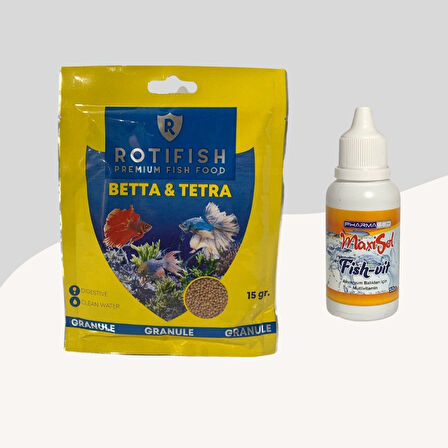 Rotifish Betta Tetra Granül Yem 15Gr + Fish Vit Balık Vitamini 50cc