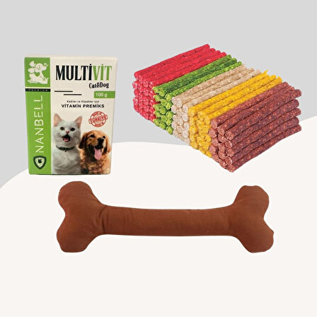Renkli Munchy Ödül Çubuğu 500Gr + Multivitamin + Yumuşak Oyuncak Kahverengi