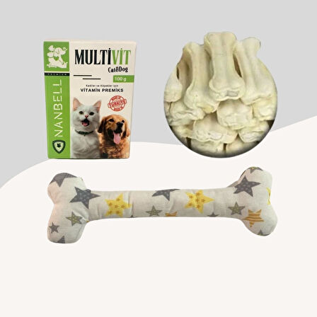 12Cm Beyaz Çiğneme Kemiği 5Li + Multivitamin + Yumuşak Oyuncak Beyaz Desenli
