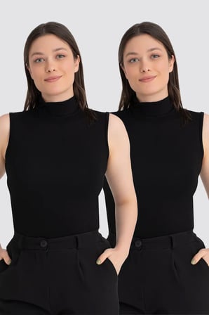 Premium Basic Giyim Esnek Yapı Gardırop Parçası Kadın Siyah Balıkçı Yaka 2'li Kolsuz Body