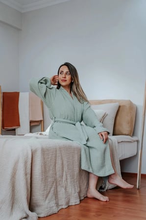 Mia Mina Home & Baby 4 Kat Müslin Kimono Model Bornoz/Sabahlık Yeşil Renk
