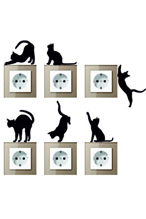 6'lı Priz Kedi Sticker Set Siyah Etiket Duvar Sticker