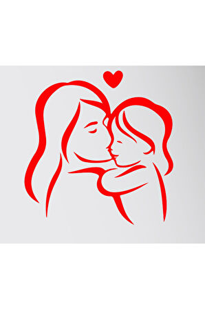 Anneler Gününe Özel Anne Ve Bebek Duvar Sticker Kırmızı