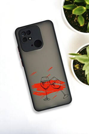 Xiaomi Redmi 10C Uyumlu Spilled Wine Desenli Buzlu Şeffaf Lüx Telefon Kılıfı