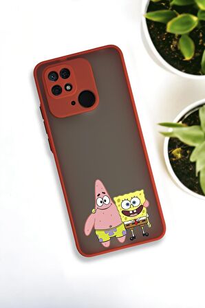 Xiaomi Redmi 10C Uyumlu Sünger Bob ve Patrick Star Desenli Buzlu Şeffaf Lüx Telefon Kılıfı