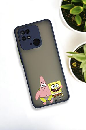 Xiaomi Redmi 10C Uyumlu Sünger Bob ve Patrick Star Desenli Buzlu Şeffaf Lüx Telefon Kılıfı