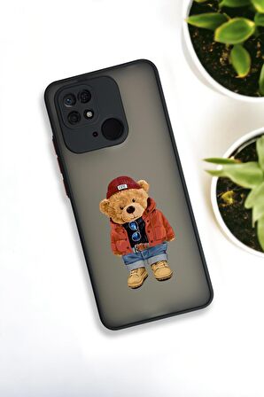 Xiaomi Redmi 10C Uyumlu Teddy Bear Desenli Buzlu Şeffaf Lüx Telefon Kılıfı