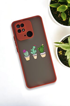 Xiaomi Redmi 10C Uyumlu Üçlü Kaktüs Desenli Buzlu Şeffaf Lüx Telefon Kılıfı