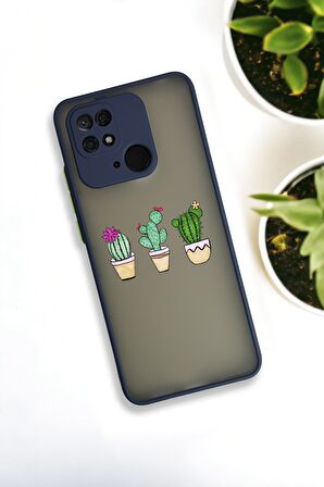 Xiaomi Redmi 10C Uyumlu Üçlü Kaktüs Desenli Buzlu Şeffaf Lüx Telefon Kılıfı