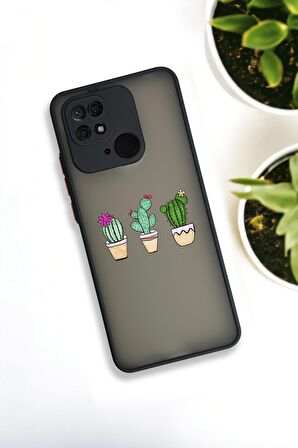 Xiaomi Redmi 10C Uyumlu Üçlü Kaktüs Desenli Buzlu Şeffaf Lüx Telefon Kılıfı